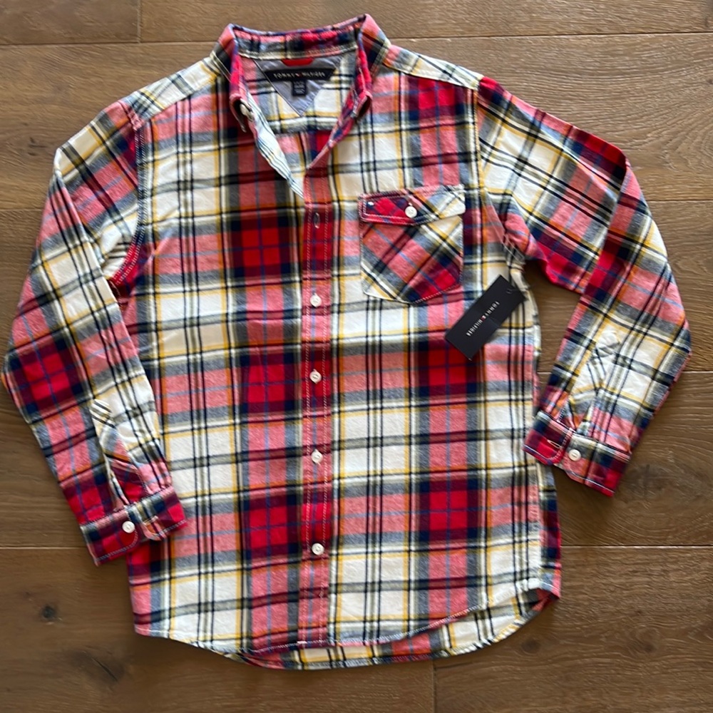 TOMMY HILFIGER flannel shirt boys size 16/18 red white black